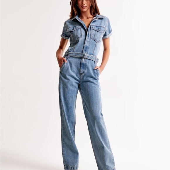 Abercrombie & Fitch 90s Relaxed Cinched Waist Blue Denim Jumpsuit Small (Tall) - Picture 14 of 14